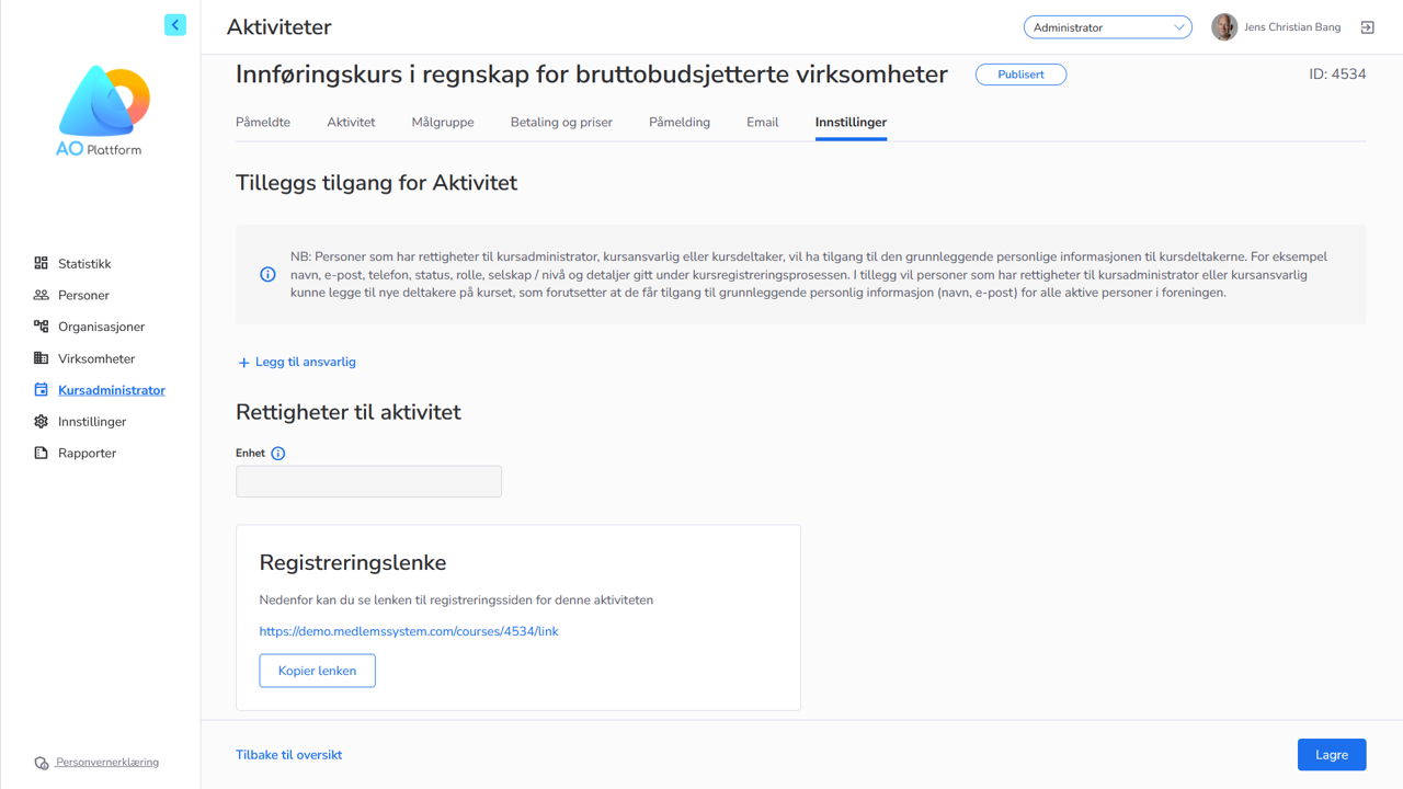 publisering av arrangement og kurs i LMS og læringsplattform