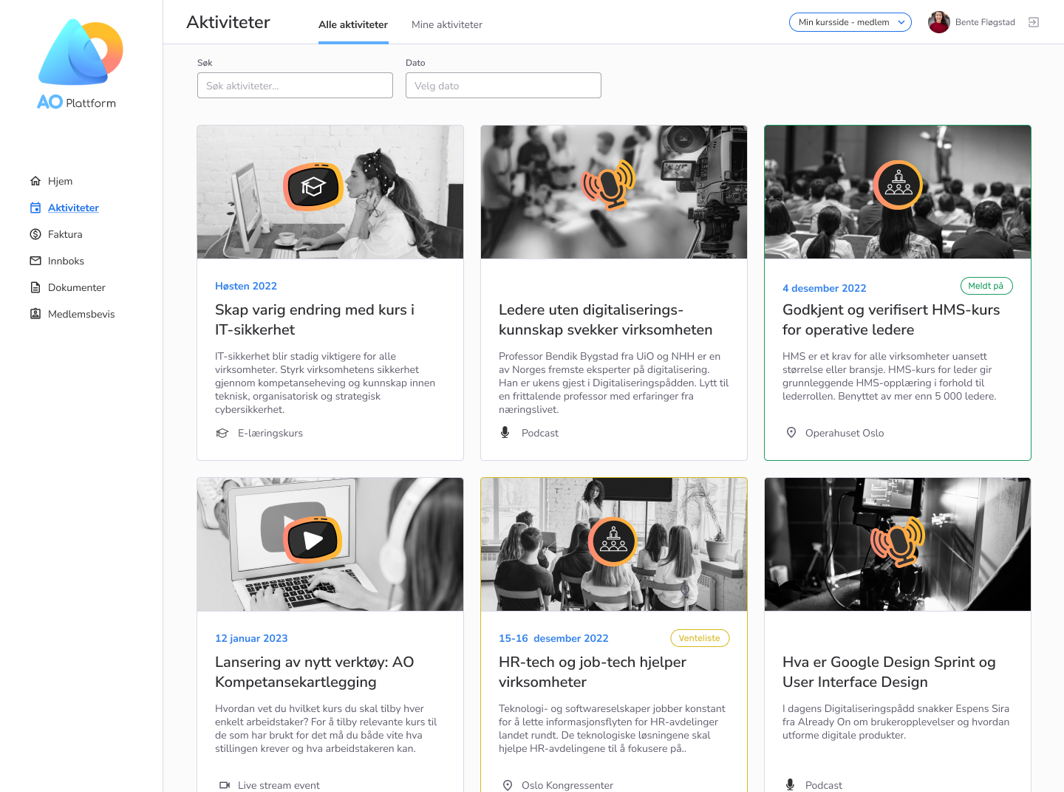 Kurskatalog og kursoversikt for aktiviteter og arrangementer i LMS og læringsplattform