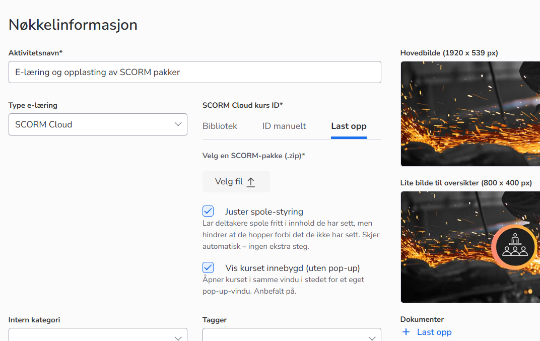 Opplasting av SCORM-pakke i AlonLearn med valg for spole-styring og innebygd visning