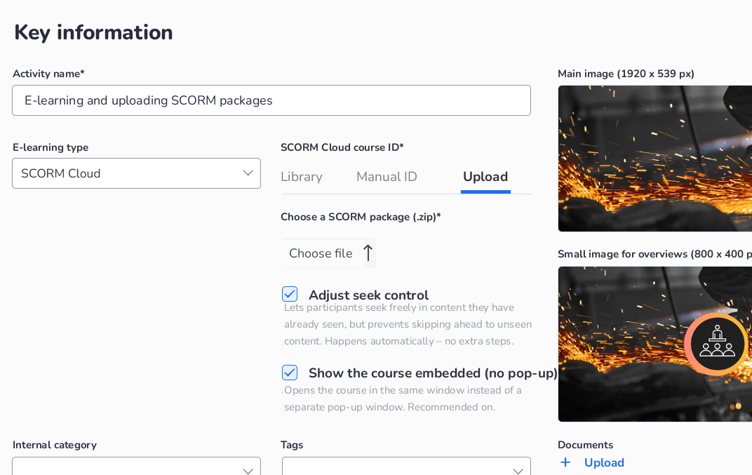 Uploading a SCORM package in AlonLearn with options for seek-guard and embedded playback
