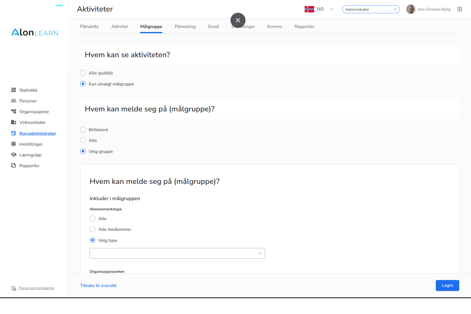 Målgruppe-funksjon i AlonLearn for å rulle ut kurs til en bestemt gruppe ansatte eller medlemmer