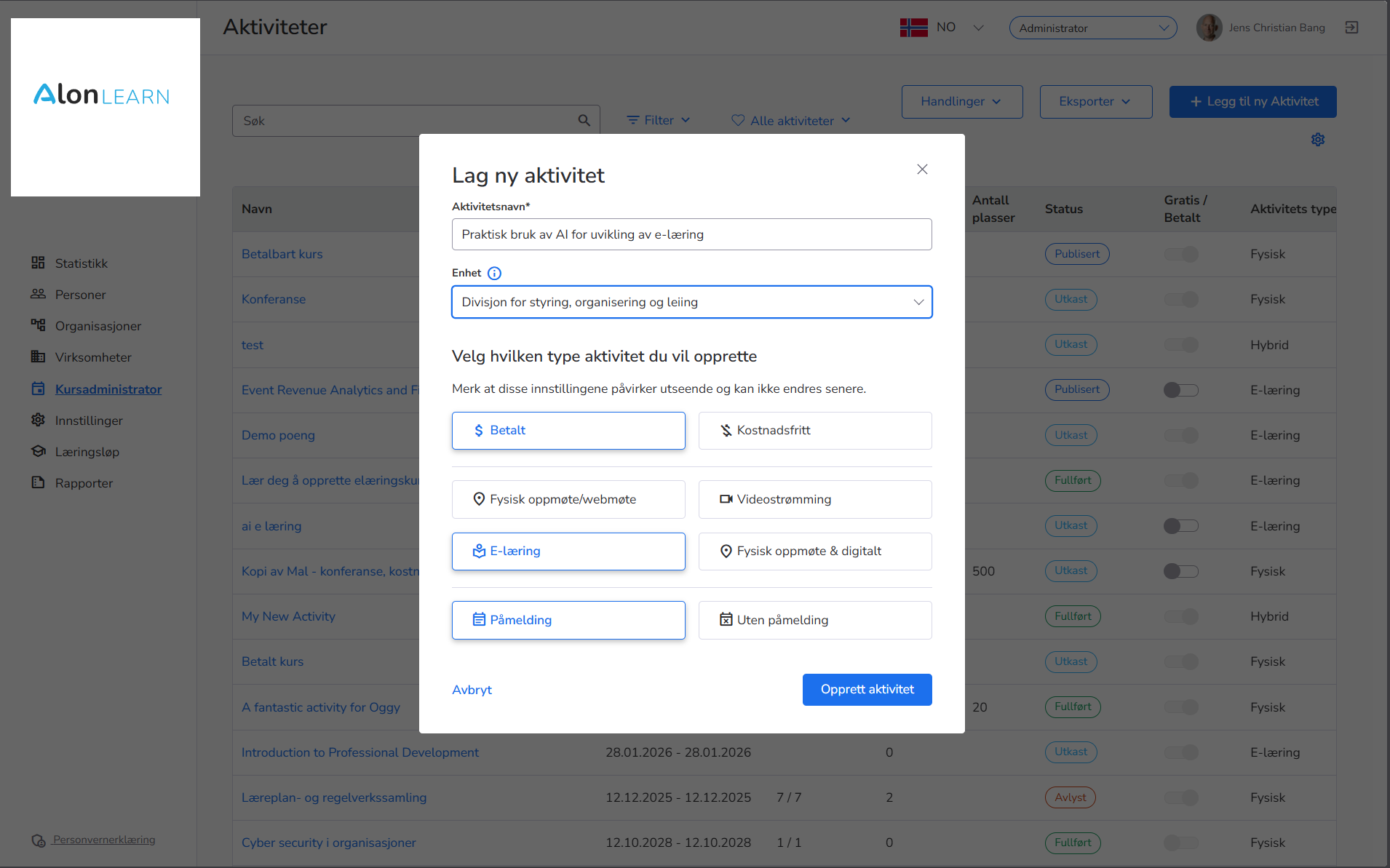 Dialog i AlonLearn for å opprette ny kursaktivitet med innstillinger for type, dato og kapasitet