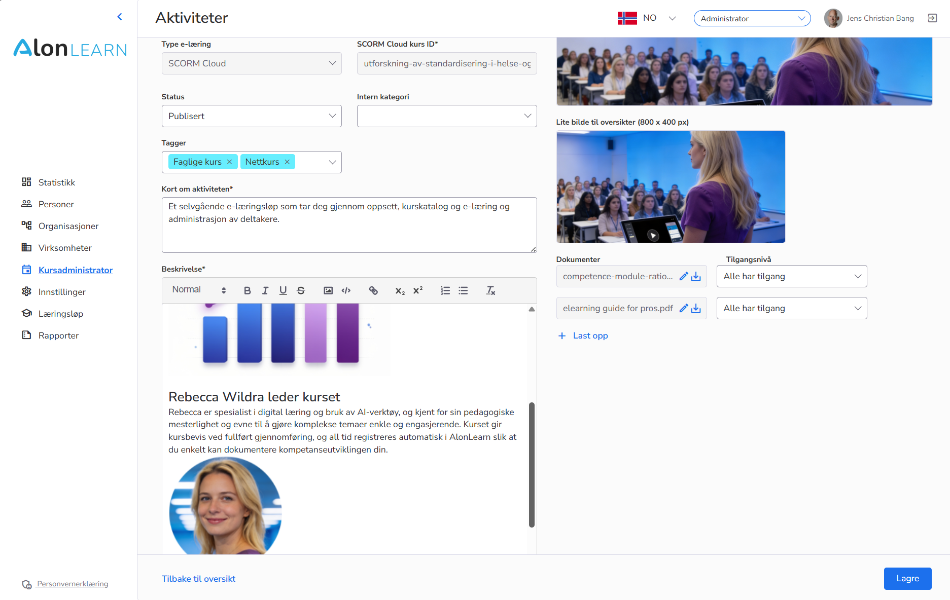 AlonLearn aktivitetsadministrasjon — kursinfo og påmelding på samme side
